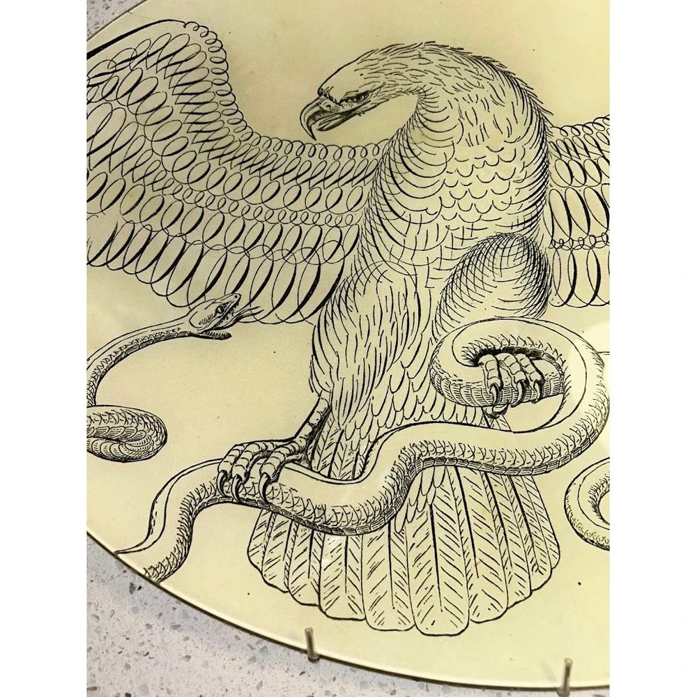 John Derian Large Oval Decoupage Glass Platter Eagle and Snake Vintage 19in